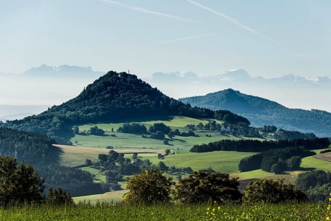 Hegau volcanoes Hohenhewen and Hohenstoffeln, behind the Swiss Alps, Engen, Hegau, district of