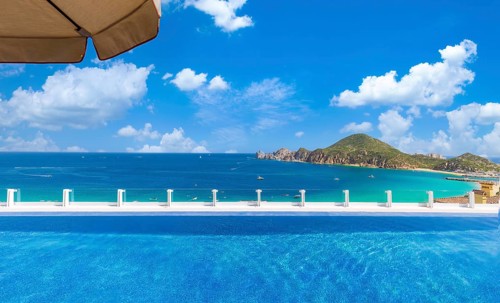 Scenic panoramic aerial view of Los Cabos landmark tourist destination Arch of Cabo San Lucas