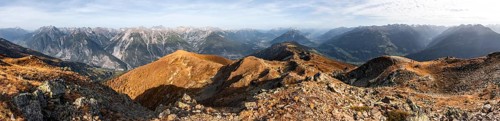 Panorama, mountain panorama at Kreuzjoch summit, view of Tschirgant summit and the Oberinntal