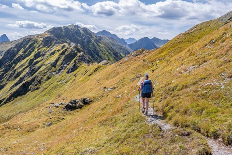 Hiker on the Carnic High Trail, Carnic Main Ridge, Carnic Alps, Carinthia, Austria, Europe