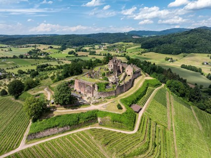 Aerial view of the ruins of Hochburg Castle, also known as Hachberg, 11th century, between