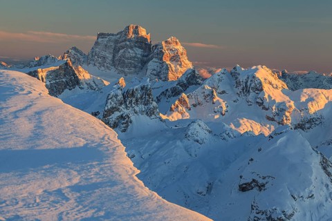 Mountain peak in the snow at sunset, winter, Monte Pelmo, Dolomites, Belluno, Italy, Europe
