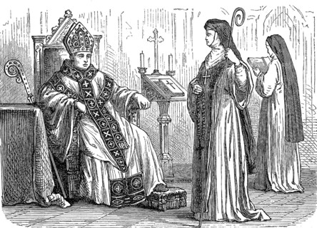 Infulted abbot with papal privilege and abbess in a monastery, France, 1880, Historical, digital