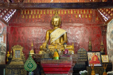 Golden Buddha statue, Bhumispara-mudra, Buddha Gautama at the moment of enlightenment, Wat Long