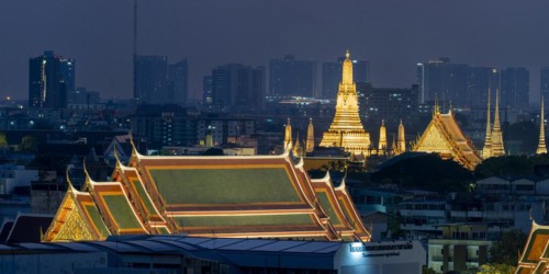 Panorama from Golden Mount to the illuminated Wat Ratchabophit, Wat Rachapradit, Wat Pho and Wat