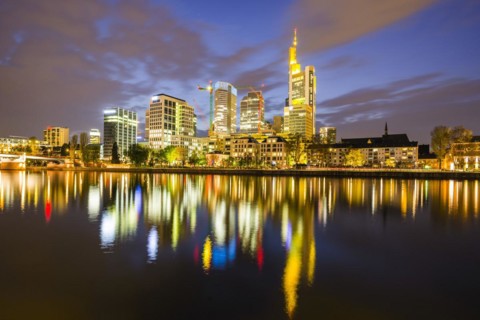 Skyline and banking district after sunset, twilight, Tower 185, Commerzbank, HelaBa, Hessische