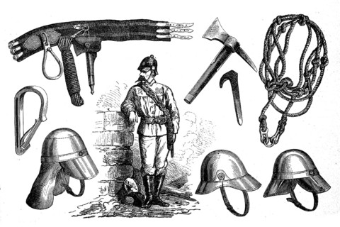 Fire brigade, firefighter with equipment, fireman's harness, rescue rope and various helmets,