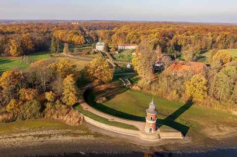 Aerial view of lighthouse and castle Fasanenschloss, view to castle Moritzburg in the back, autumn