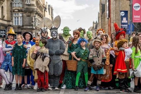 Group of actors, characters from Shrek, world's largest cultural festival The Fringe, High Street,