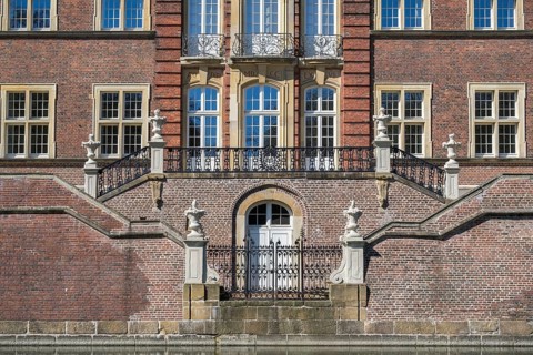 Baroque and moated castle Ahaus, garden-side centre risalit with garden staircase, today the seat
