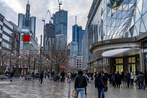 Zeil shopping street, pedestrian zone, winter weather, city centre skyline, banking district,