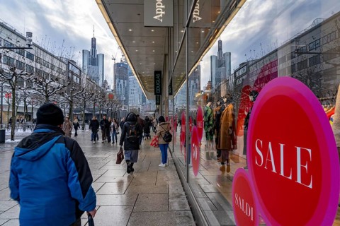 Zeil shopping street, pedestrian zone, winter weather, city centre skyline, sale, banking district,
