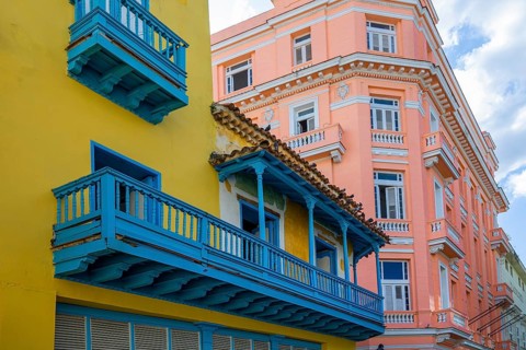 Cuba, colorful streets of Old Havana in historic city center near Paseo El Prado and El Capitolio,