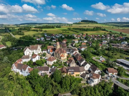 Aerial view of flower field, district of the southern Baden town of Tengen with flower field Castle