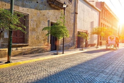 Colorful Guadalajara streets in historic city center near Central Cathedral