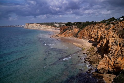 View from the cliff on beaches Praia do Canavial and Praia de Porto de Mos, cliffs, rocks, sea,