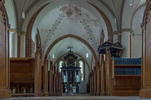 Interior of St Mary's Church, Brick Gothic, behind the baroque altar 18th century, Klütz,