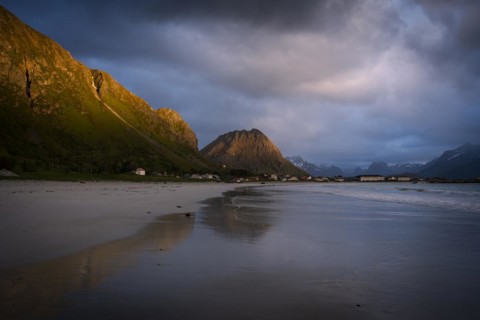 Landscape on the Lofoten Islands. The village of Ramberg, with the sea and the sandy beach