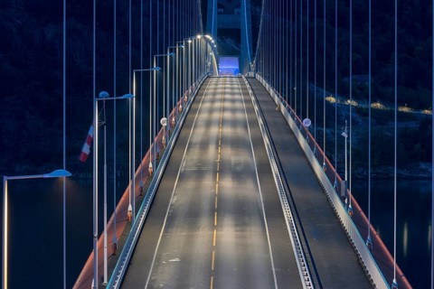 Bridge Hardangerbrua at night, Hardangerbridge, over the Eidfjord, a branch of the Hardangerfjord,