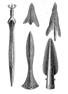 Bronze Age, bronze weapons and arrowheads, found in Switzerland, illustration from 1890,