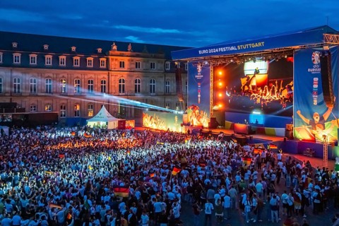 Public viewing at Neues Schloss in Stuttgart in the evening. 30, 000 people celebrate the German