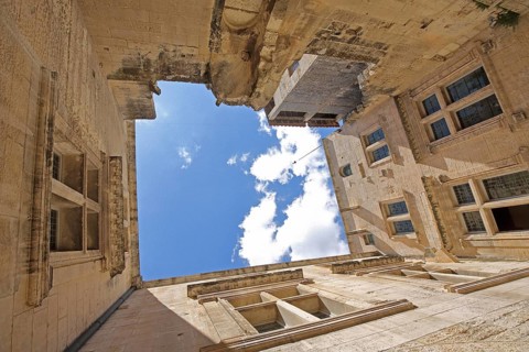Houses and courtyard with view upwards, Mairie town hall, mountain village, Les Baux-de-Provence,