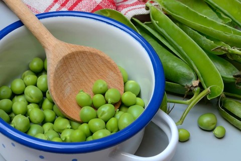 Fresh green peas in pot with wooden spoon, Pisum sativum