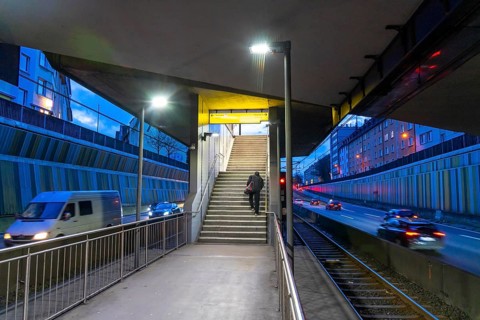 Underground station, Breslauer StraÃŸe U18, in the middle of the A40 motorway, Essen city centre,