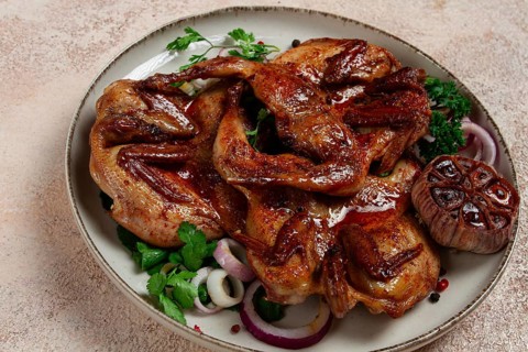 Fried, quail meat, tobacco (tapaka), with spices, homemade, no people