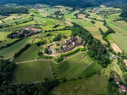 Aerial view of the ruins of Hochburg Castle, also known as Hachberg, 11th century, between