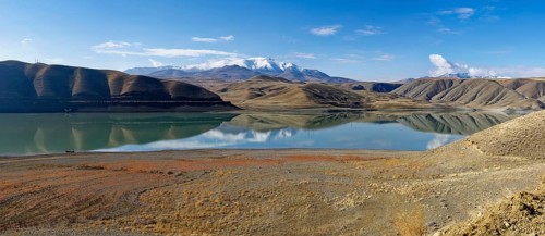 Mountains reflecting in Van Lake, Van, Turkey, Asia