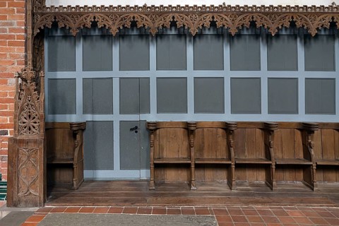 Gothic choir stalls in the interior of St Mary's Church, Brick Gothic, Klütz, Mecklenburg-Western