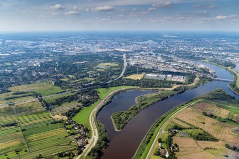 Aerial view, Kreetsand, Tiedeelbe concept, flood space, flood, Elbe, Norderelbe, tide, Hamburg Port