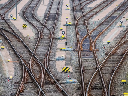 Parallel rails, railway switches, multiple directions, Hamburg harbor, Germany, Europe