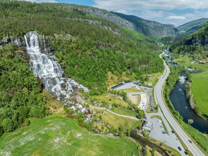 Aerial view of waterfall Tvindefoss (or: Tvinnefoss), Hardanger, Norway, Europe