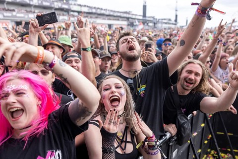 Adenau, Germany, 8 June 2024: Fans listen to Electric Callboy at Rock am Ring. The festival takes