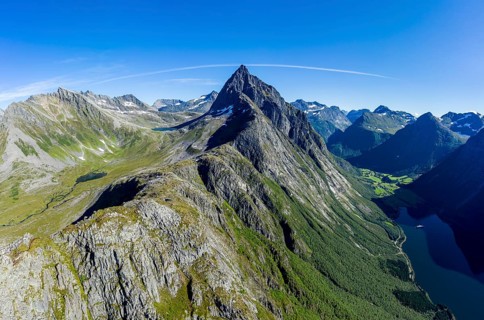 Panoramic aerial view of Mt. Slogen and inner Hjorundfjord, Norway, Europe