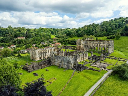 Rievaulx Abbey from a drone, North York Moors National Park, North Yorkshire, England, United
