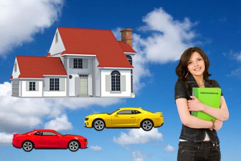 Young woman in front of detached house holding portfolio, with a life insurance policy, wishes,