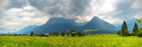 Loretto meadows near Oberstdorf, behind Oberstdorf and the AllgÃ¤u Alps, AllgÃ¤u, Bavaria, Germany,