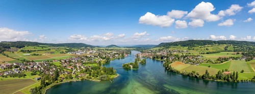 Aerial view, panorama, of the Werd archipelago in the westernmost part of Lake Constance, Lake