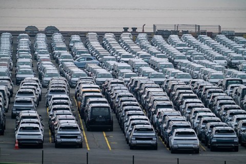 Parking space for import vehicles, hundreds of Hyundai Ioniq, electric cars, waiting for onward