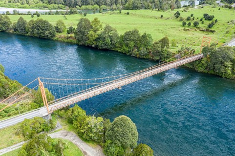 Bridge over river Rio Rosselot, just north of village La Junta, aerial view, Patagonia, Chile,