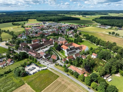 Aerial view of the village of Heiligkreuztal with the cathedral and the former Cistercian nunnery,