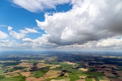 Aerial view, Wildeshauser Geest, landscape, cloud, cumulus, cloud road, Lower Saxony, Germany,
