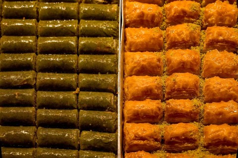 Egyptian bazar with pastries, Istanbul, Turkey, Asia