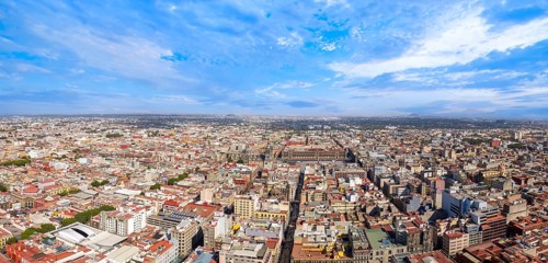 Mexico, Panoramic skyline view of Mexico City historic center from Tower Torre Latinoamericana,