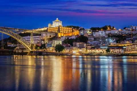 View of Vila Nova de Gaia city with Mosteiro da Serra do Pilar monastery and Dom Luis I bridge over