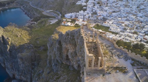 Drone shot, Acropolis of Lindos, late afternoon light, Temple of Athena Lindia, aerial view of an