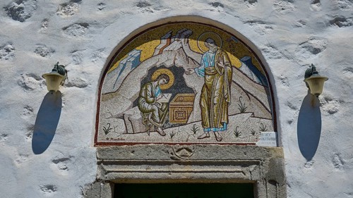 A mosaic mural at a church shows holy figures in a religious scene, St John the Baptist, Monastery